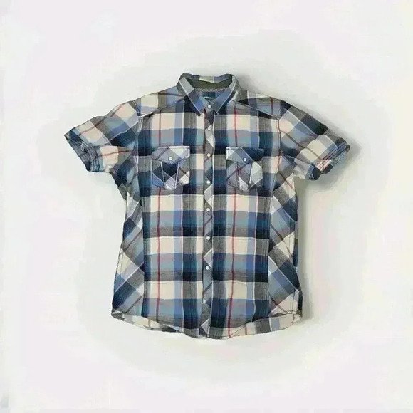 BKE: Standard Fit Pearl Snap  Short Sleeve Plaid Cotton Button Down: MEN'S LARGE - Picture 1 of 7